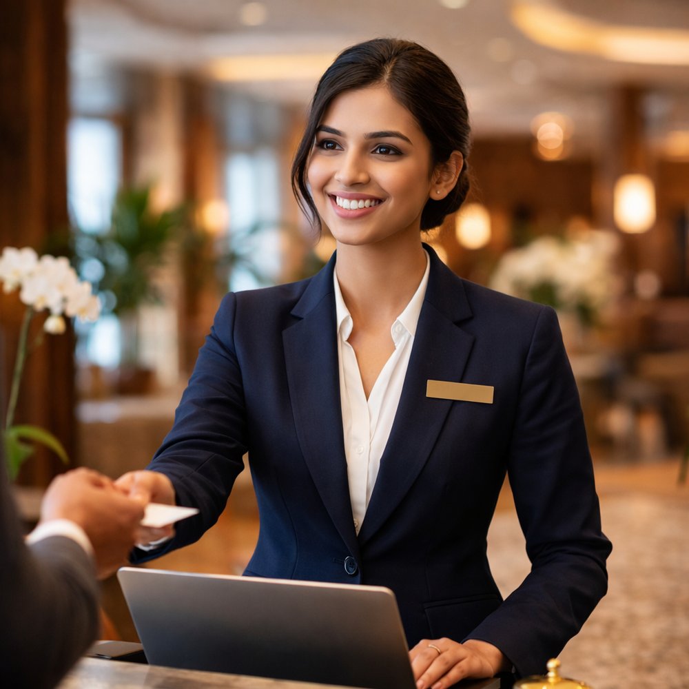 Hotel front desk professional assisting guest in modern hospitality environment