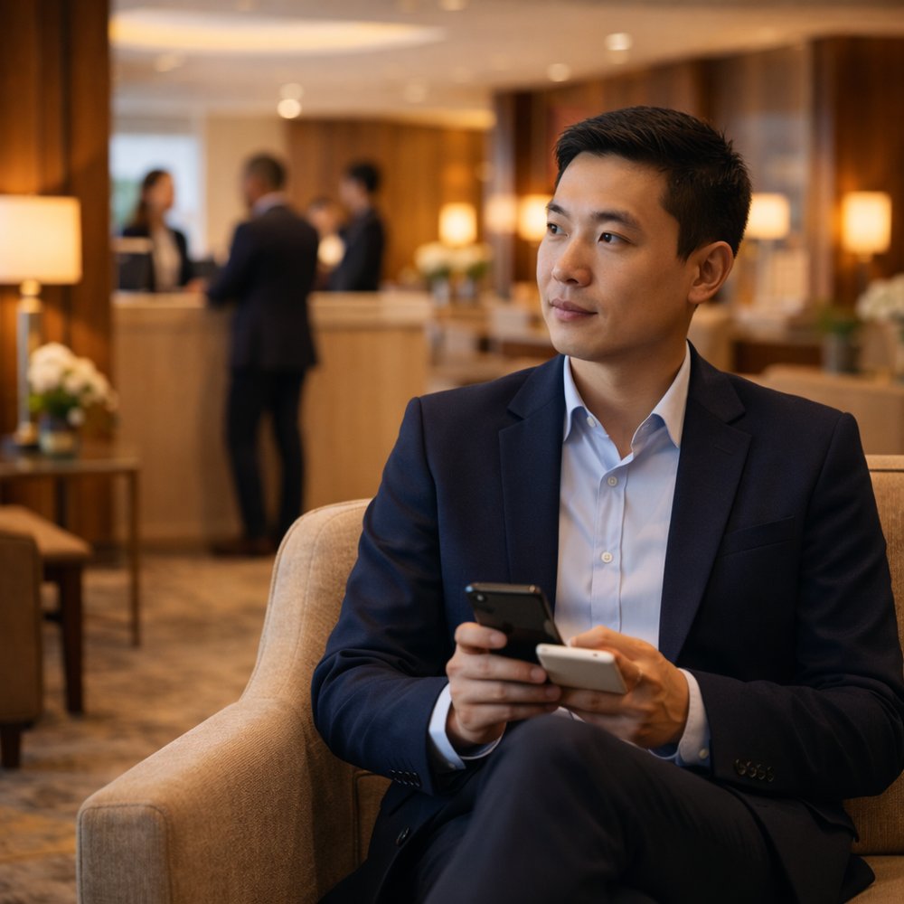Chinese mystery auditor observing guest experience in a hotel lounge
