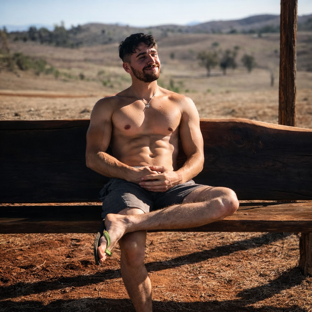 Shirtless muscular man sitting on a wooden bench in a sunny outdoor desert landscape.