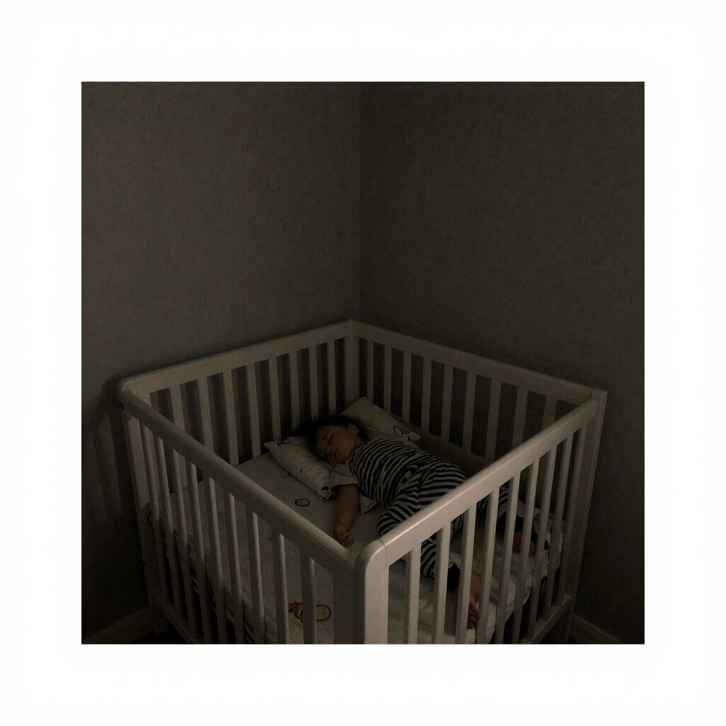 A cozy nursery with soft lighting and a sleeping baby peacefully resting in a crib.