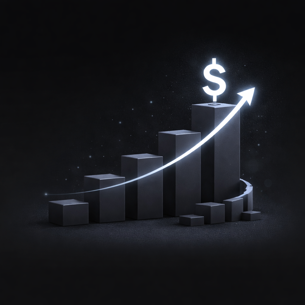 Glowing white dollar sign and arrow rising over a black 3D bar chart showing financial growth.