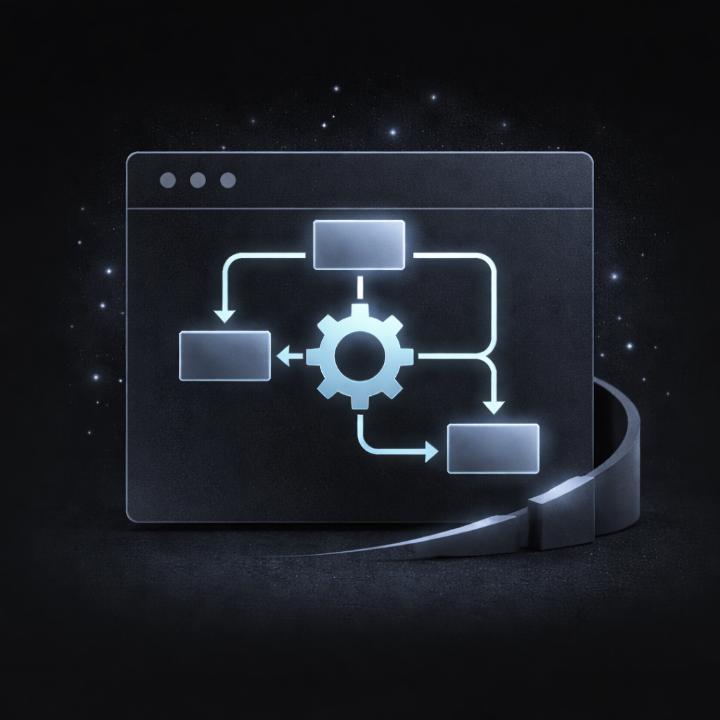 Glowing digital flowchart with a central gear icon inside a dark browser window representing automation.