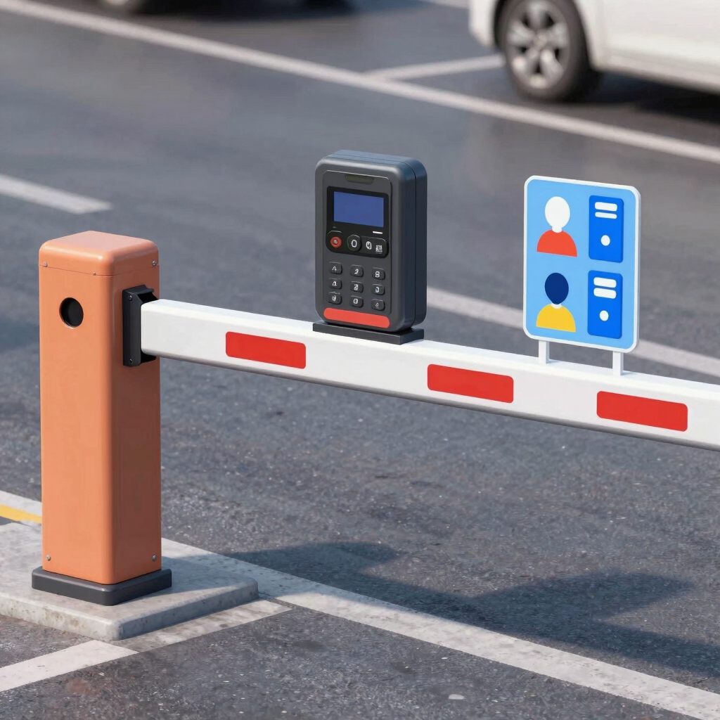 Automatic parking barrier arm with an electronic card reader and digital access control signage.
