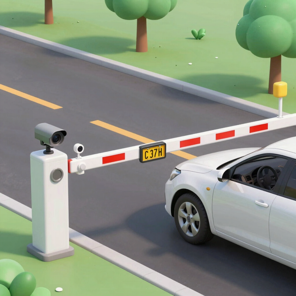 Automatic parking barrier arm with security camera scanning a car license plate on a road.