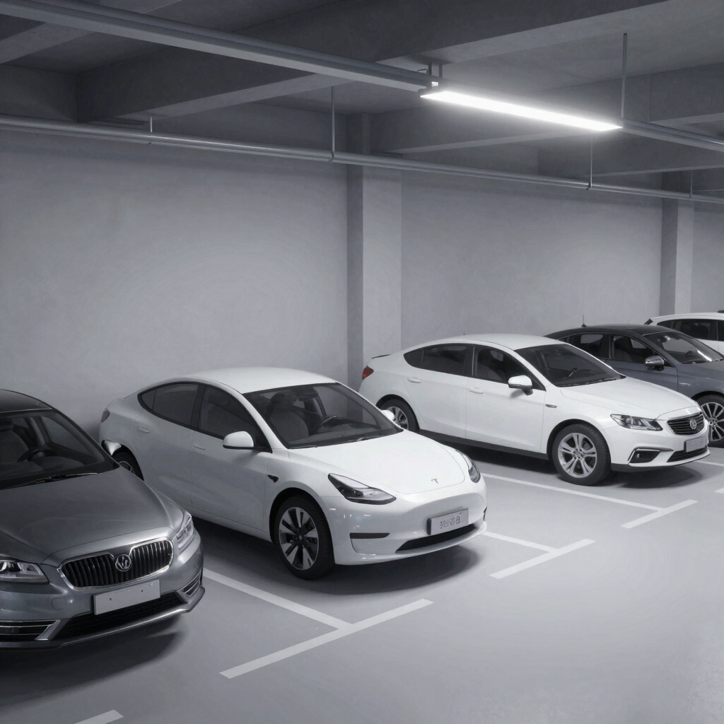 White Tesla electric car and several sedans parked in a bright, modern underground parking garage.