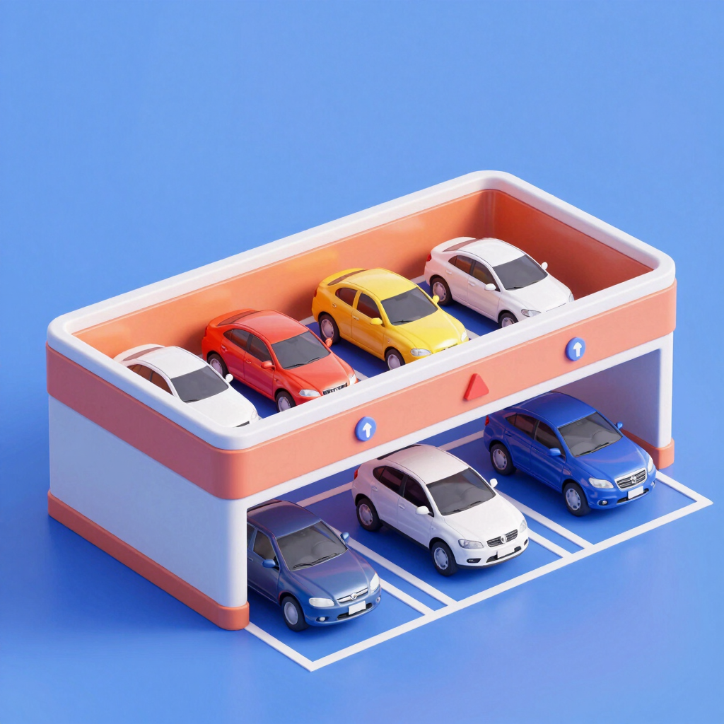 Miniature 3D isometric parking garage model with colorful toy cars on a blue background.