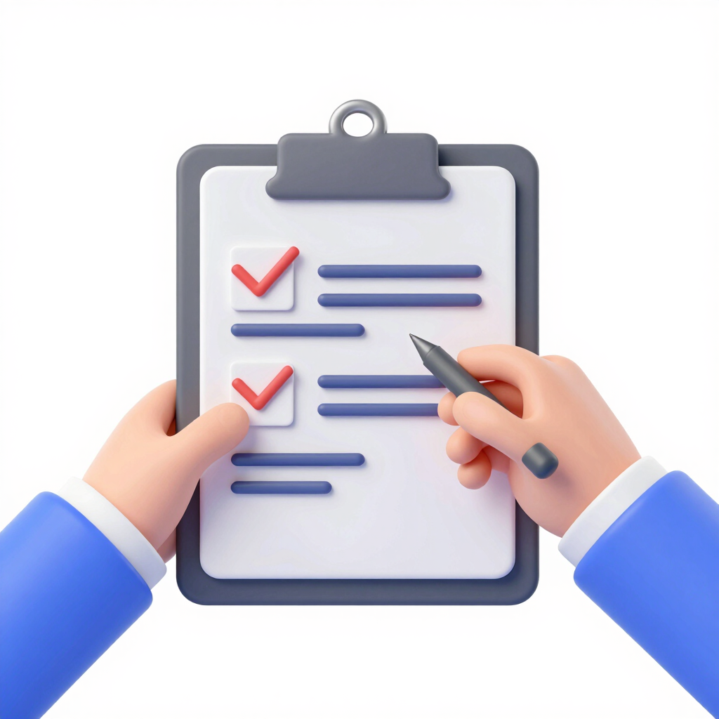 3D cartoon hands holding a clipboard with red checkmarks and a pen for task management.