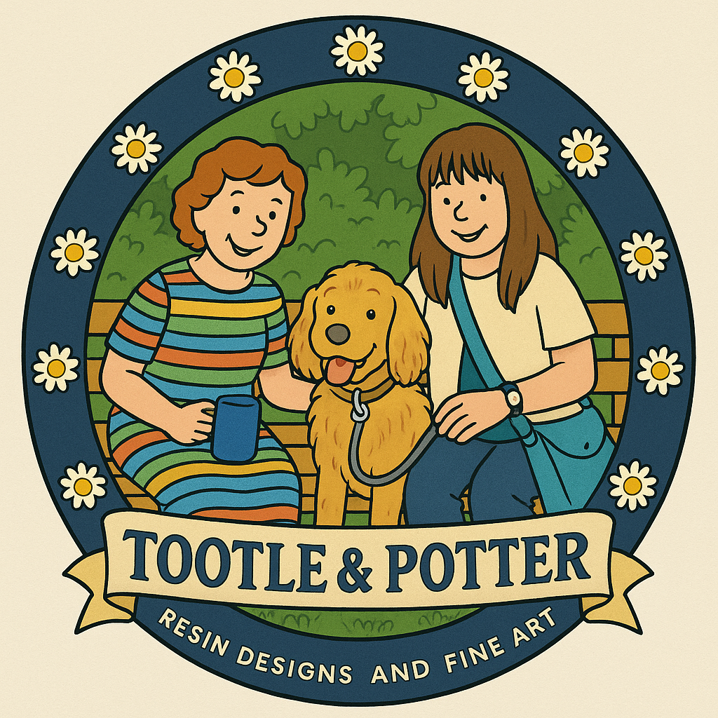 Tootle & Potter resin designs logo featuring two women and a golden retriever in a floral frame.