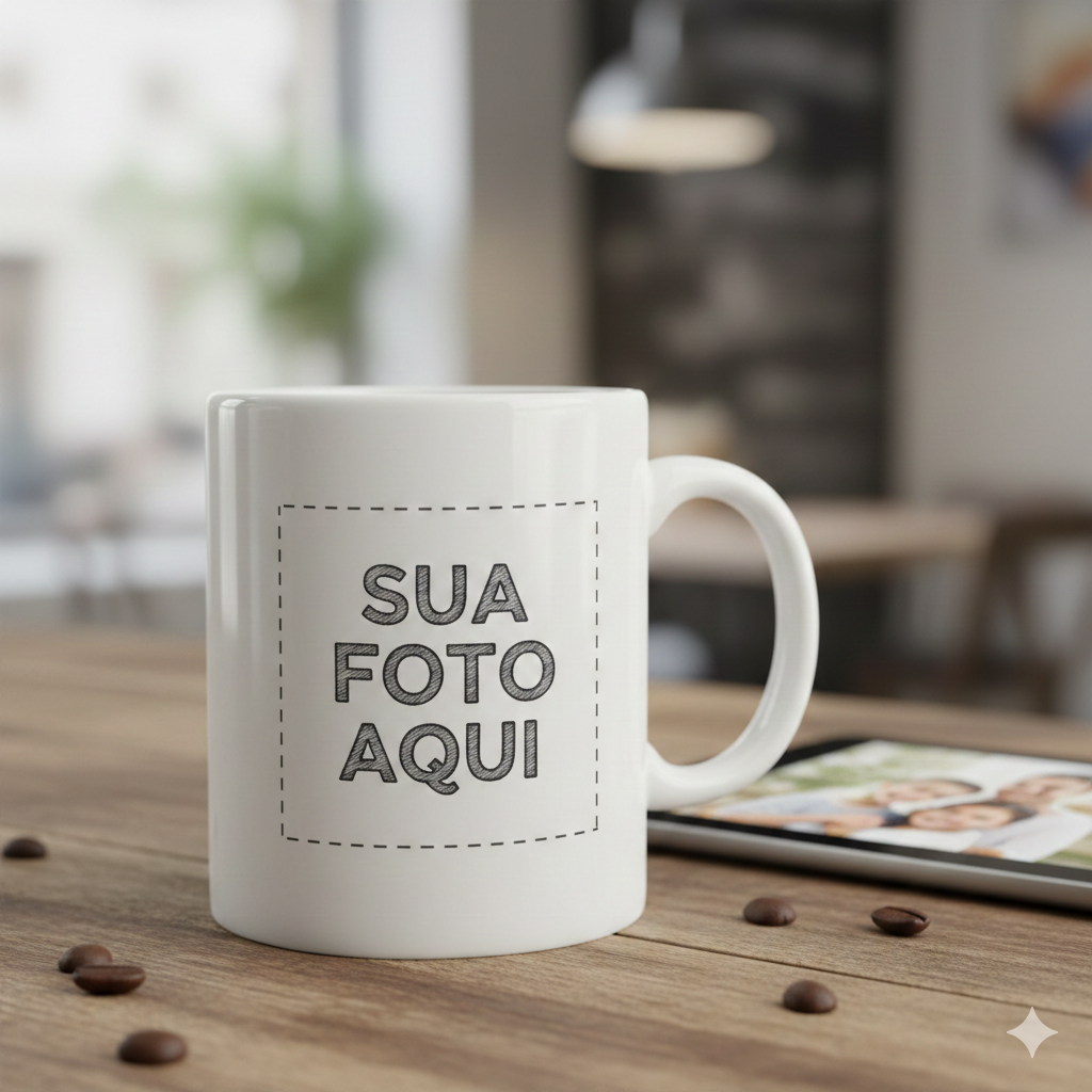 Customizable white ceramic coffee mug on a wooden table with coffee beans and a digital tablet.