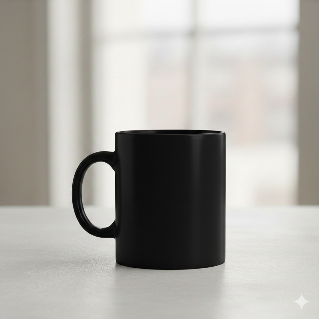 A matte black ceramic coffee mug sitting on a white table with a blurred background.