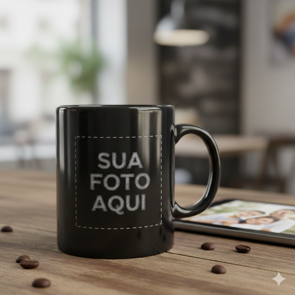 Customizable black ceramic coffee mug on a wooden table with coffee beans and a digital tablet.
