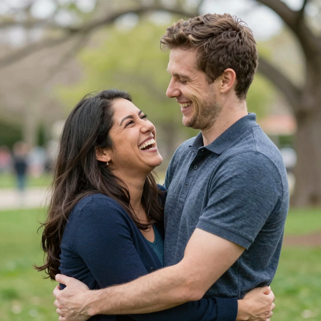 A candid portrait of a joyful couple laughing naturally during a golden hour outdoor shoot.
