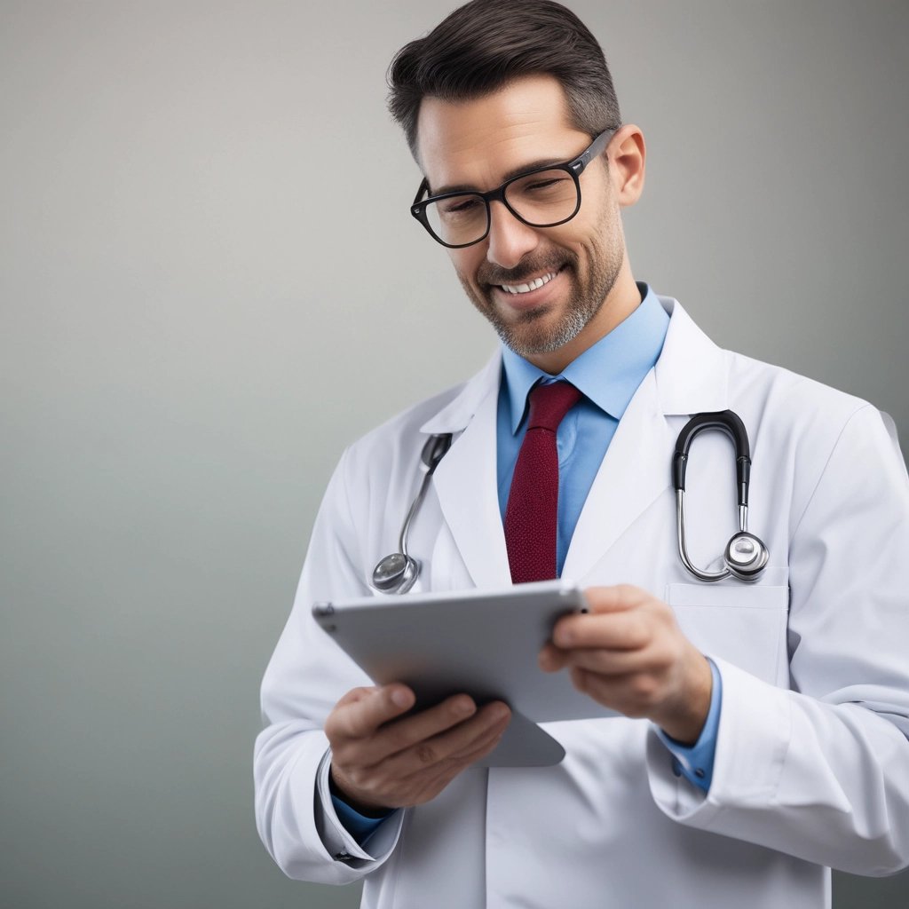 A hospital administrator reviewing digital dashboards on a sleek tablet.