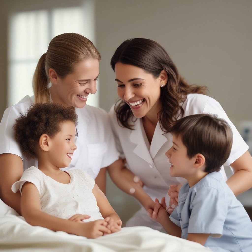 Happy patient interacting with a nurse using advanced medical software.