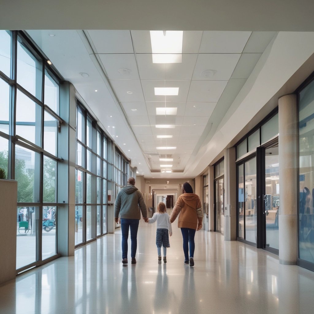 Medical staff collaborating efficiently in a bright, modern hospital corridor.