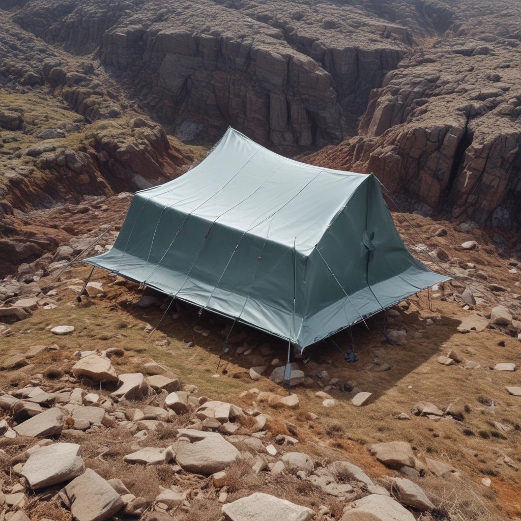 Soldiers setting up a TarpGuard tarp in a dusty desert camp.