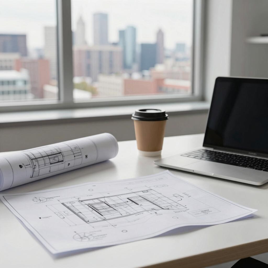 A calm office desk with engineering blueprints, a laptop, and a coffee cup by a window showing a New Jersey skyline.