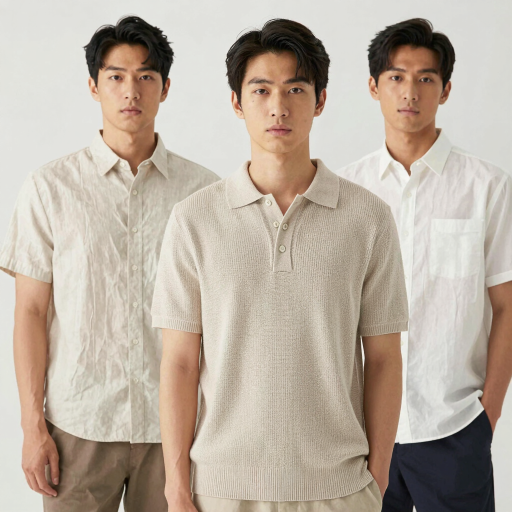 Workers carefully inspecting bulk t-shirts before packaging.