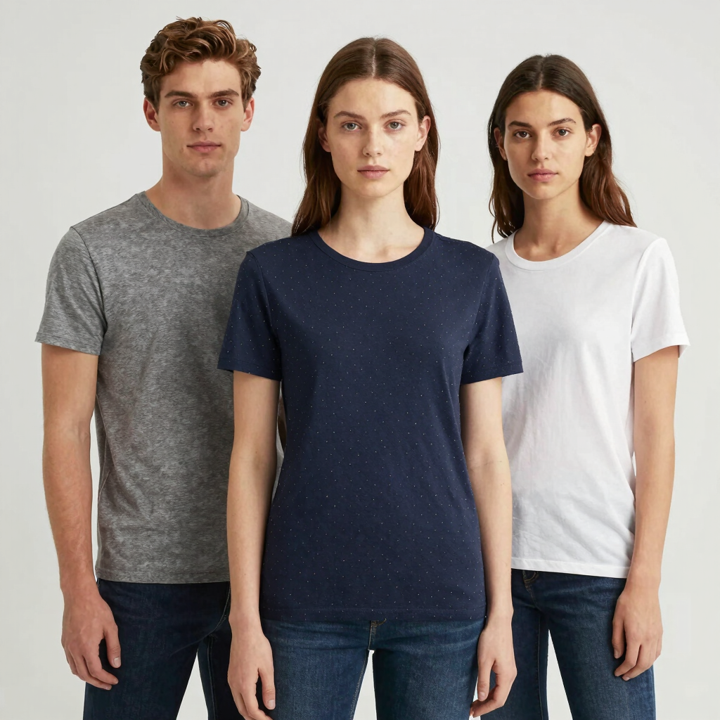 A stack of neatly folded round neck t-shirts in various colors.