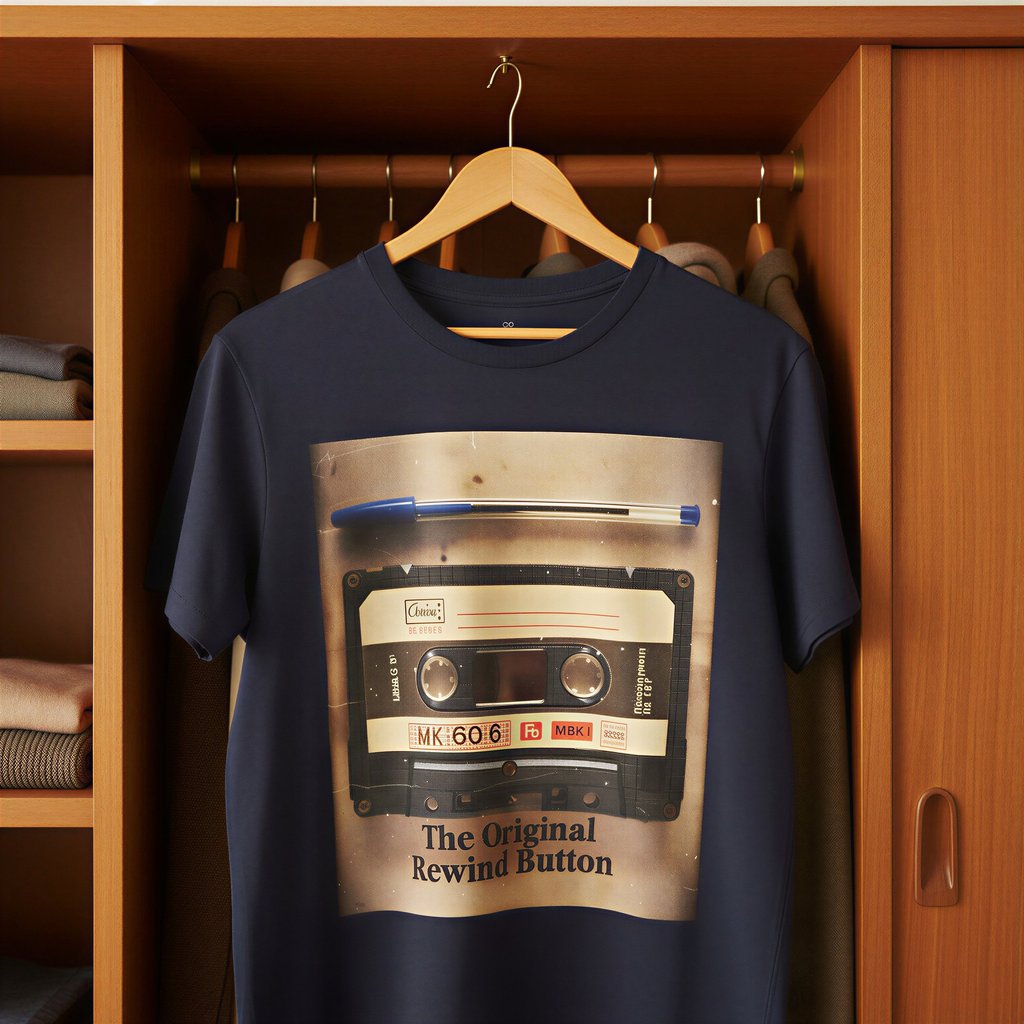 Navy t-shirt with retro cassette tape design.