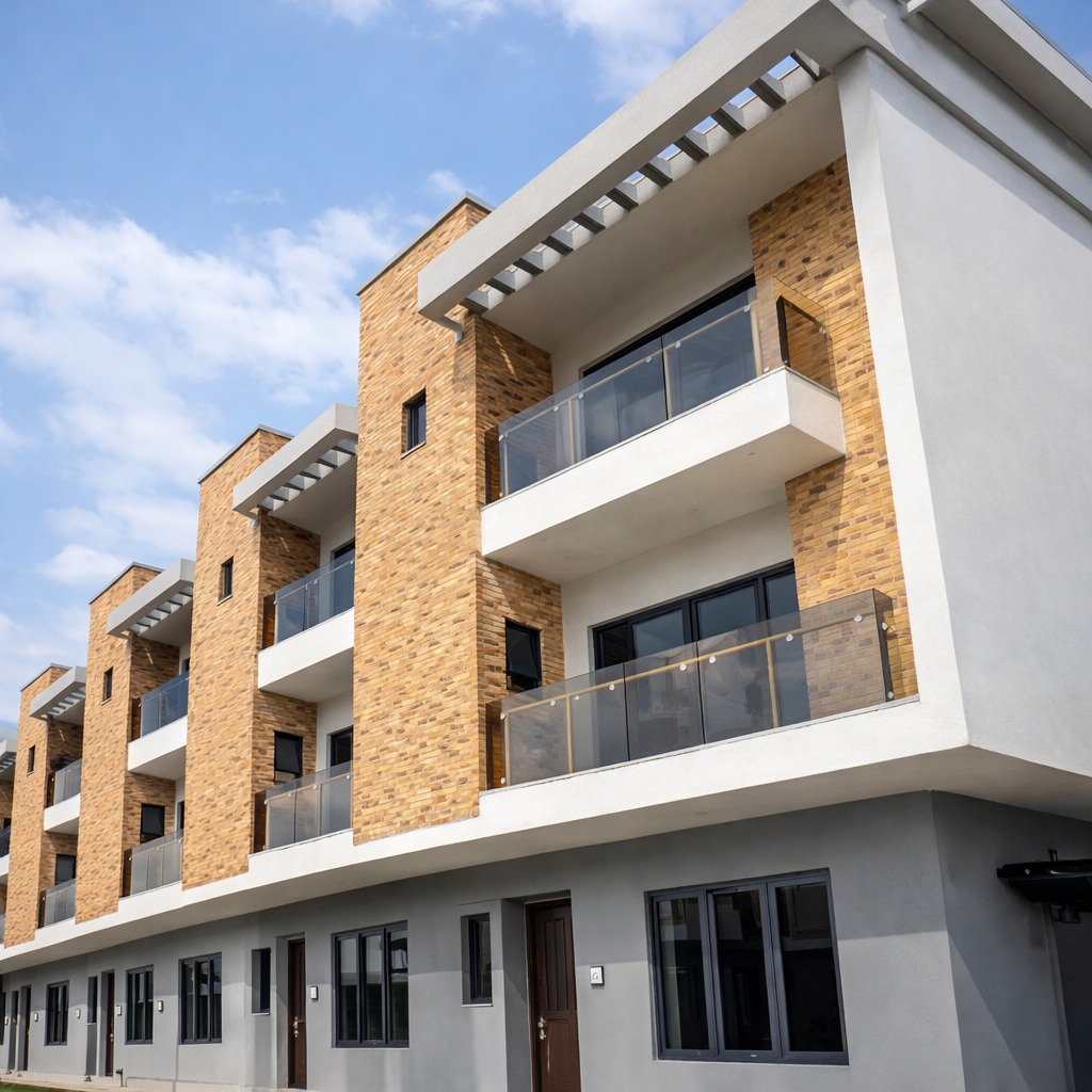 Modern luxury townhouses with brick facades, glass balconies, and contemporary architecture under a blue sky.