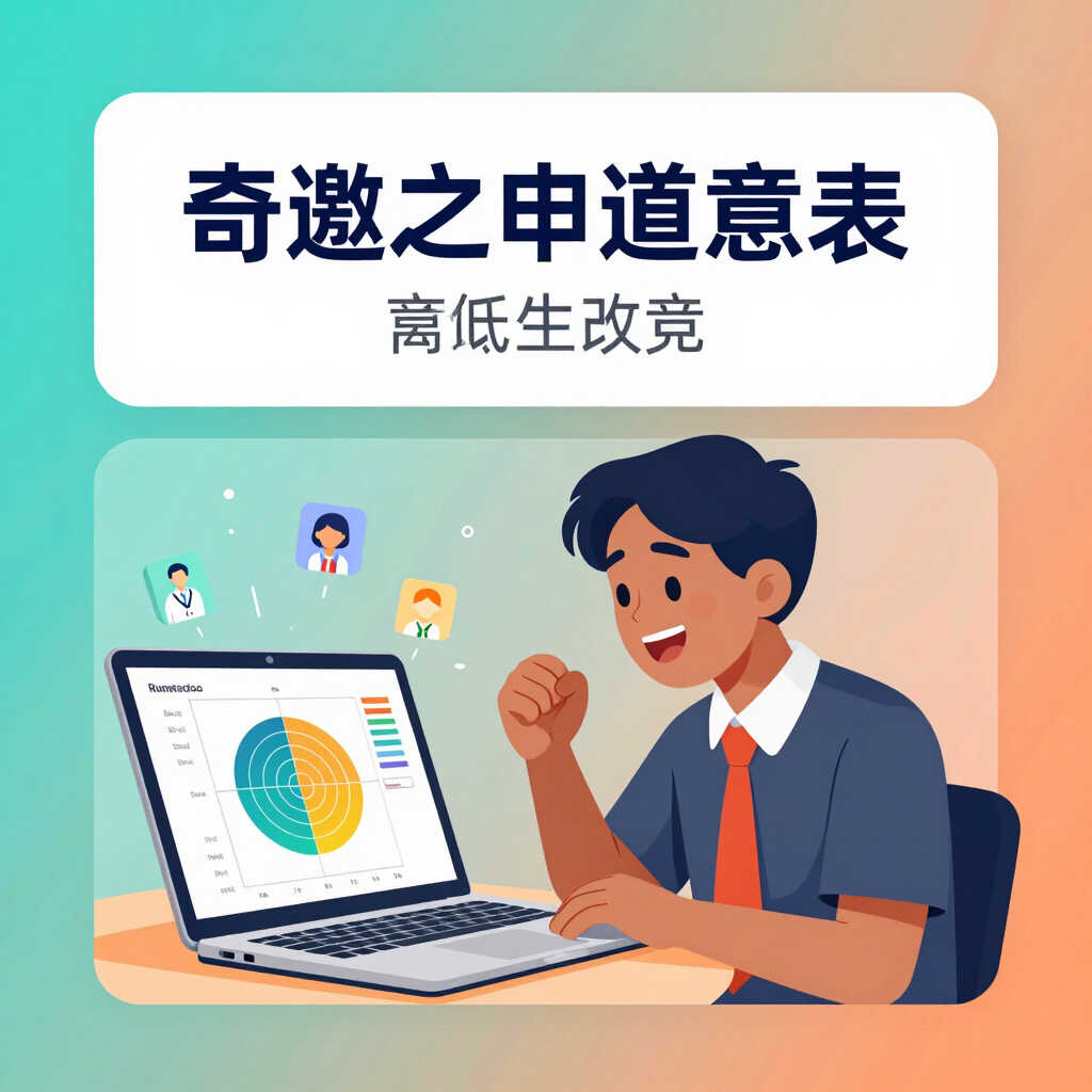 Illustration of a happy student engaging with a colorful self-assessment test on a tablet.