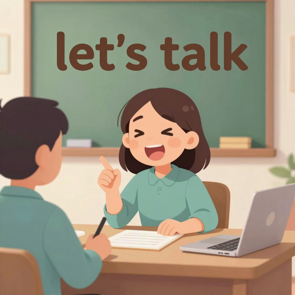 Illustration of a cheerful student chatting comfortably on a laptop in a cozy room.