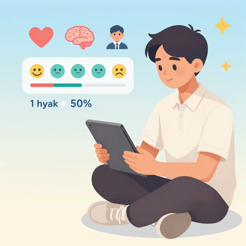 Friendly counselor icon with soft teal and coral accents, symbolizing support and care.