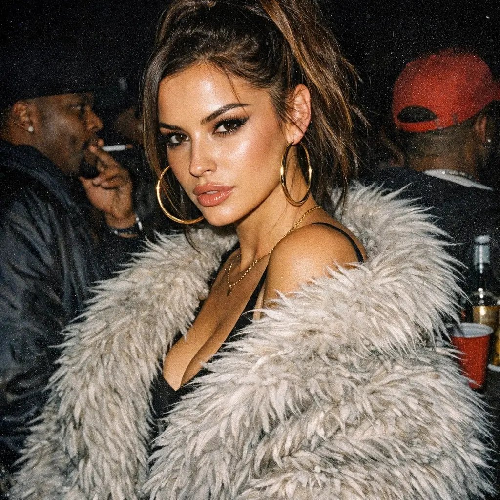 Glamorous woman with hoop earrings wearing a faux fur coat at a night party.