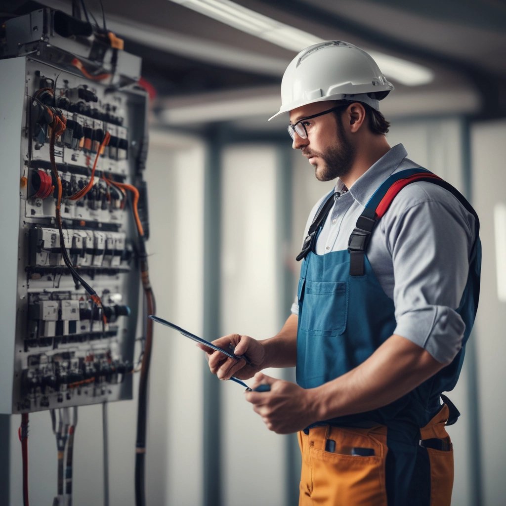 Electrician installing smart home device panel in a modern living room.