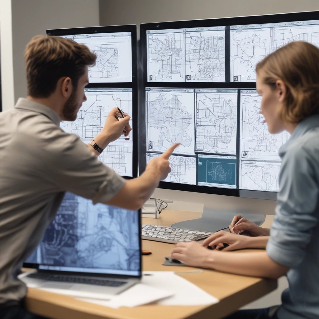 A professional consultant discussing GIS data with a client over a laptop.