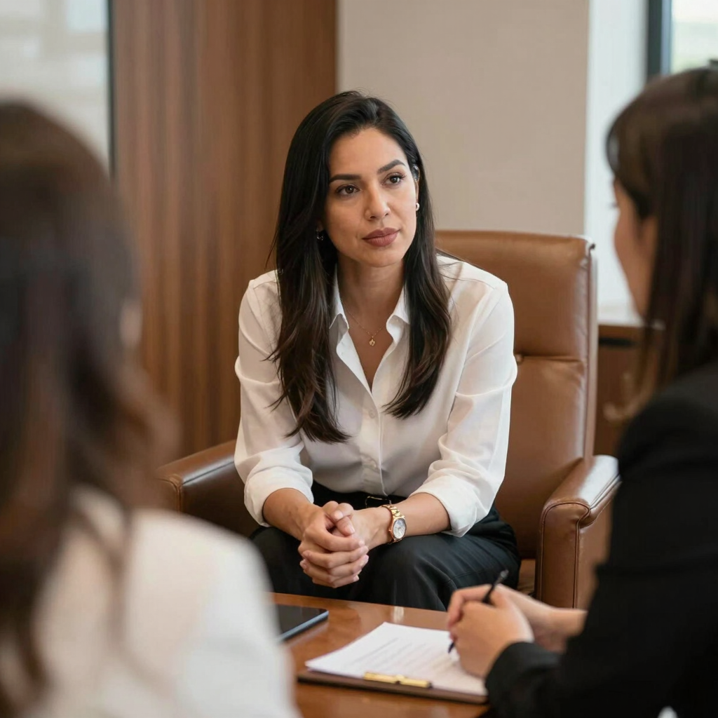 A confident woman reviewing her personalized wealth score on a sleek tablet, surrounded by soft cosmic-themed graphics.