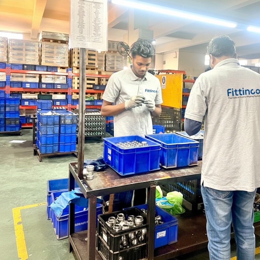 Factory workers at Fittinco inspecting high-quality hydraulic hose fittings in a manufacturing warehouse.