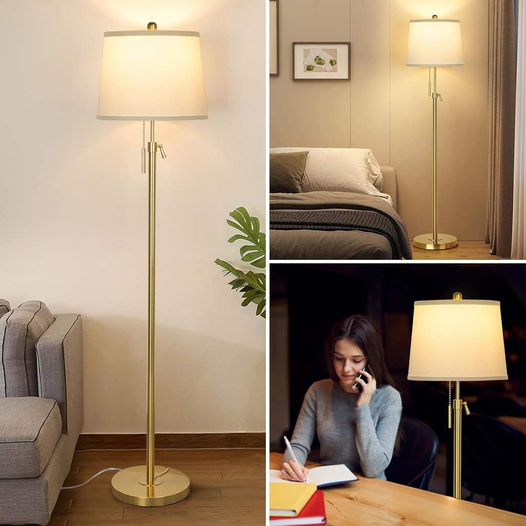 Modern gold floor lamp with a white fabric drum shade illuminating a cozy living room and bedroom.