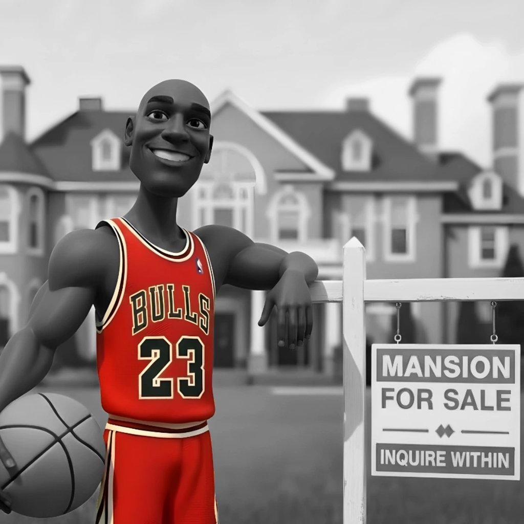 Cartoon monochrome of Michael Jordan standing in front of mansion for sale.