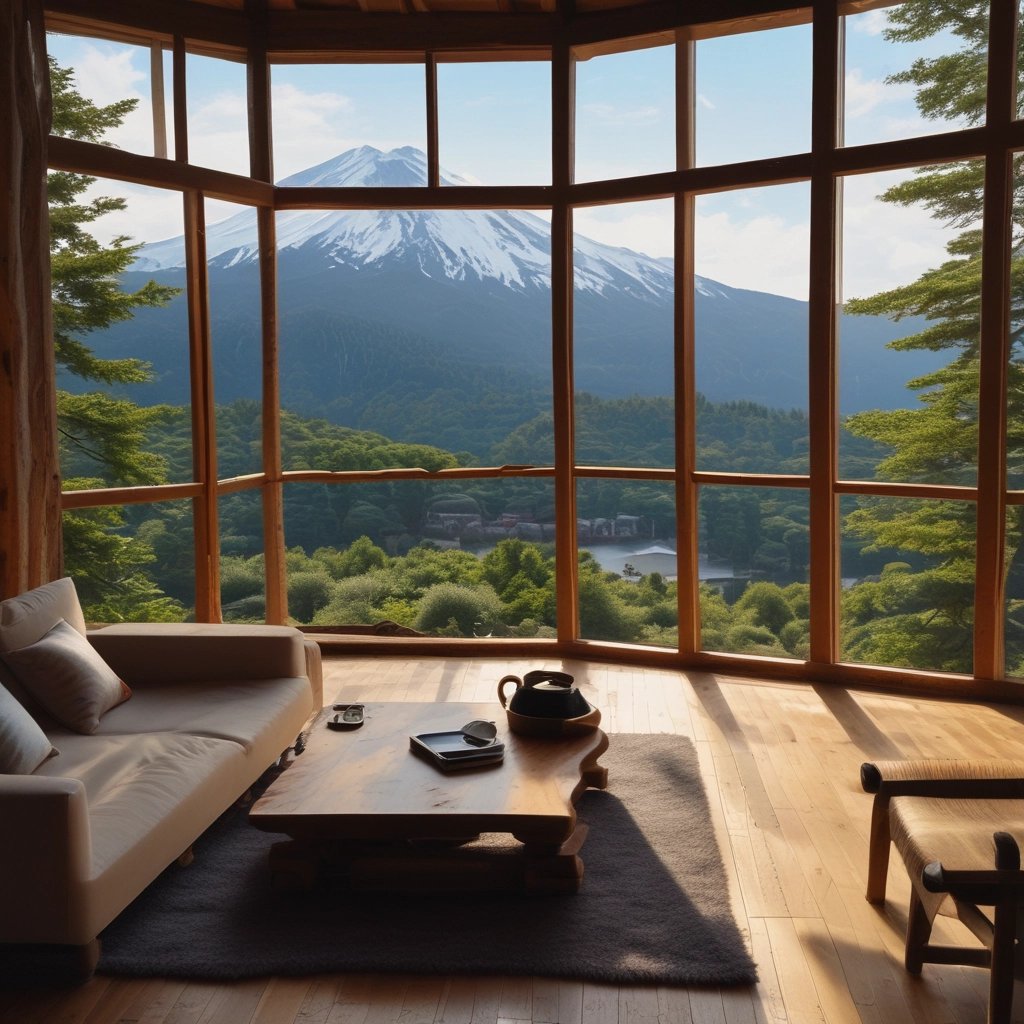 a living room with a view of a mountain