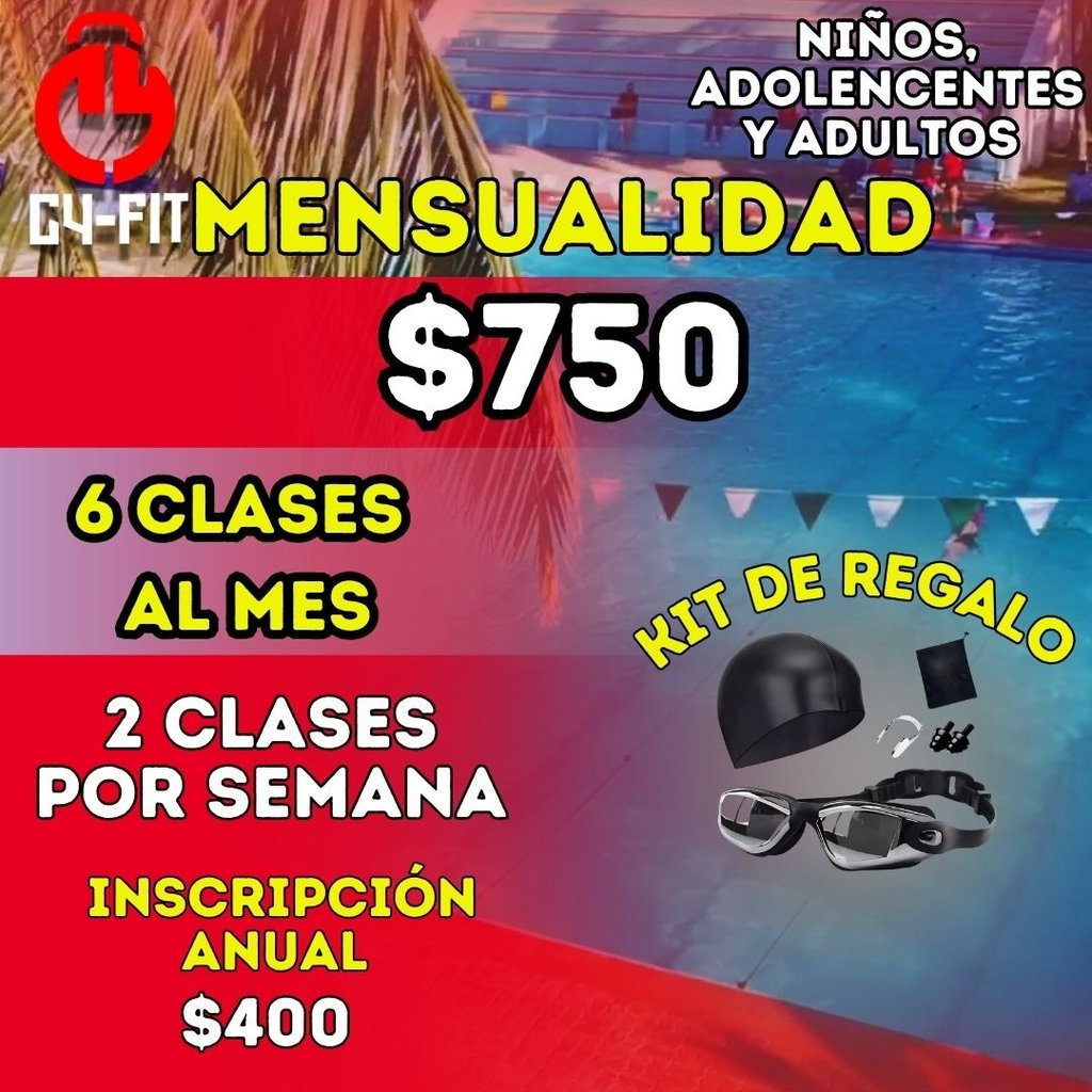 Promoción de natación GY-FIT con mensualidad de $750, clases para niños y adultos con kit de regalo.