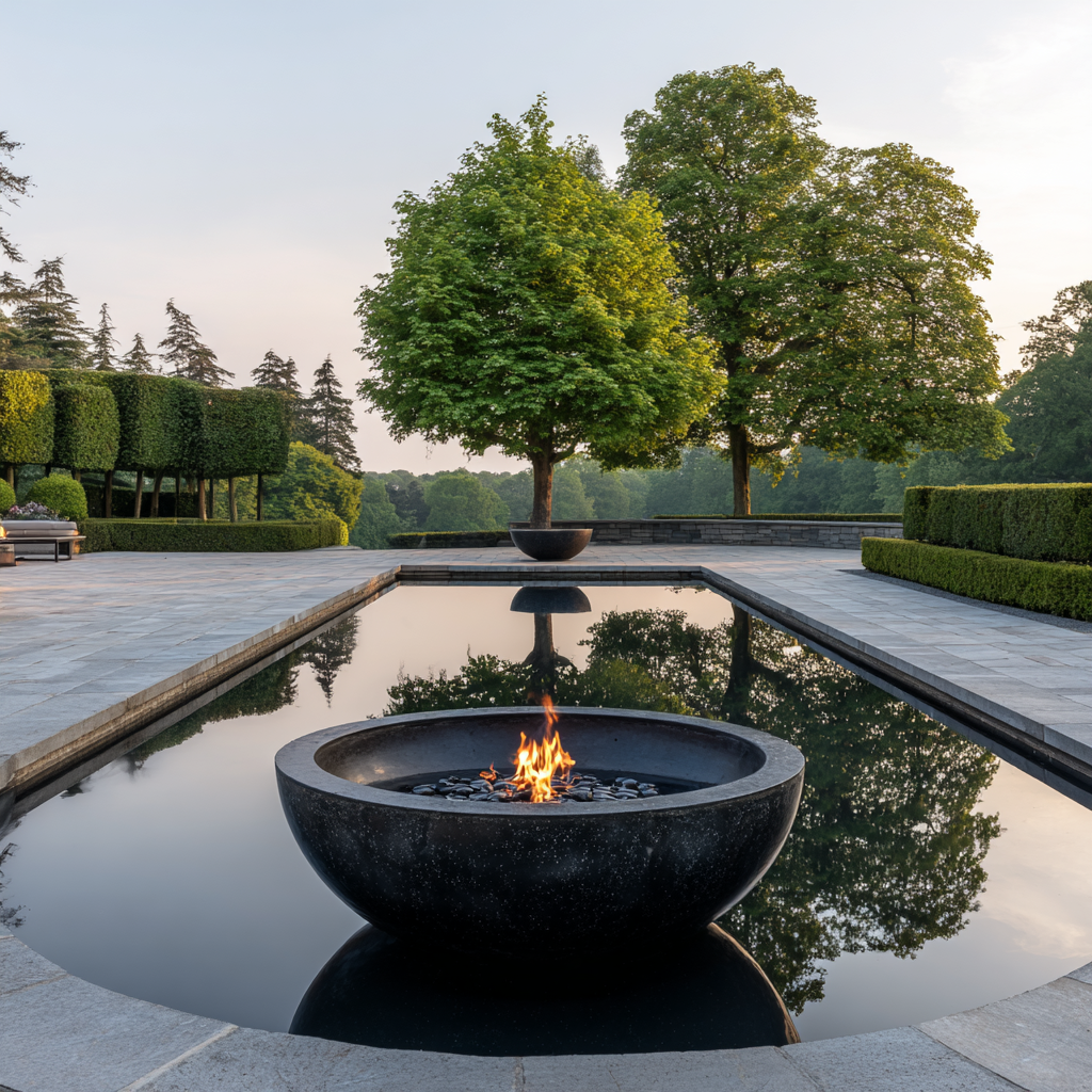 Modern black fire bowl feature centered in a luxury garden reflecting pool with manicured hedges.