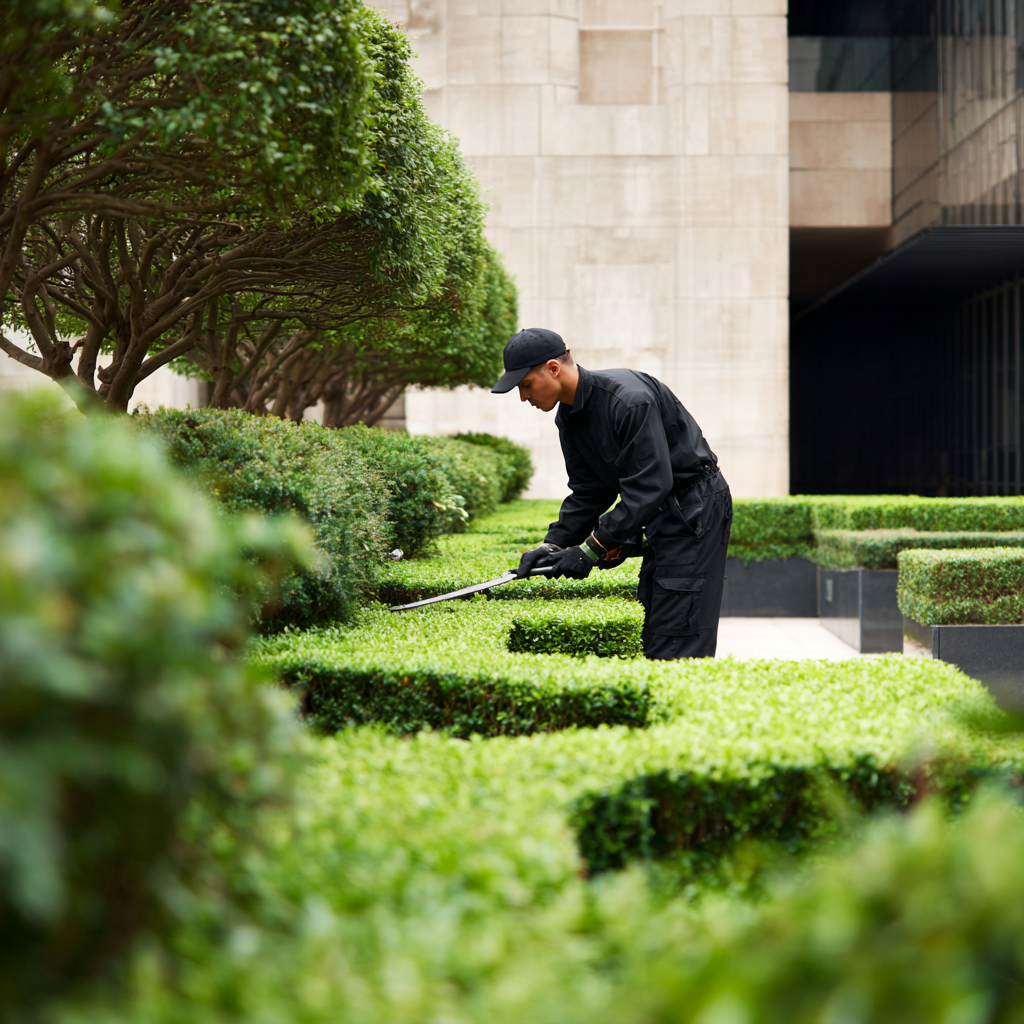 A professional landscaper trimmings decorative green hedges with manual shears in an urban courtyard.