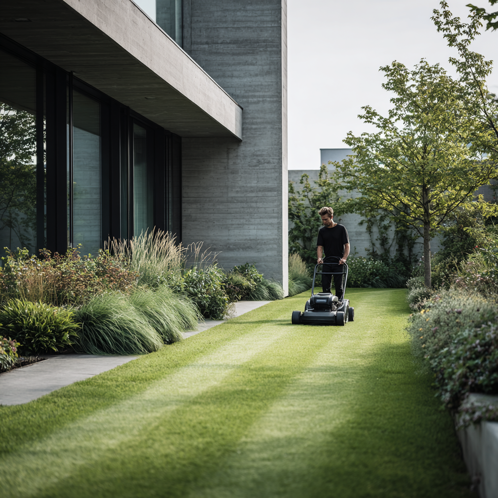 Professional landscaper using a lawn mower to create stripes on a lush green yard outside a modern home.
