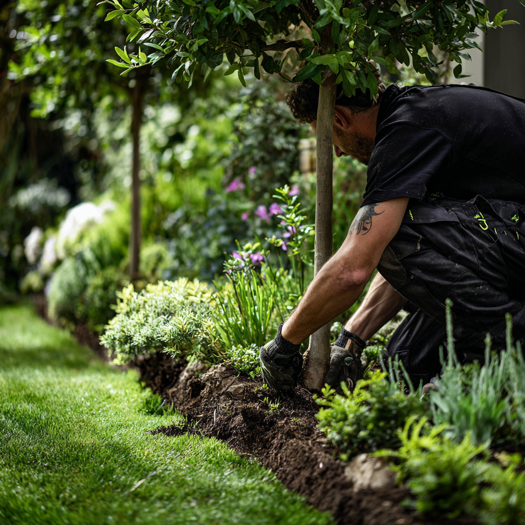Professional gardener planting a young tree in a lush residential backyard landscape garden.