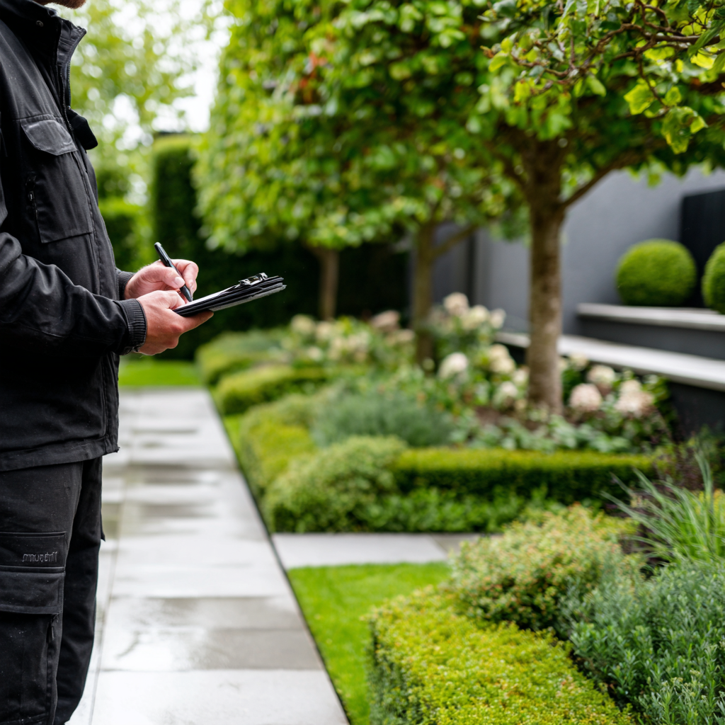 Professional gardener in black workwear writing on a clipboard while inspecting a manicured residential garden.