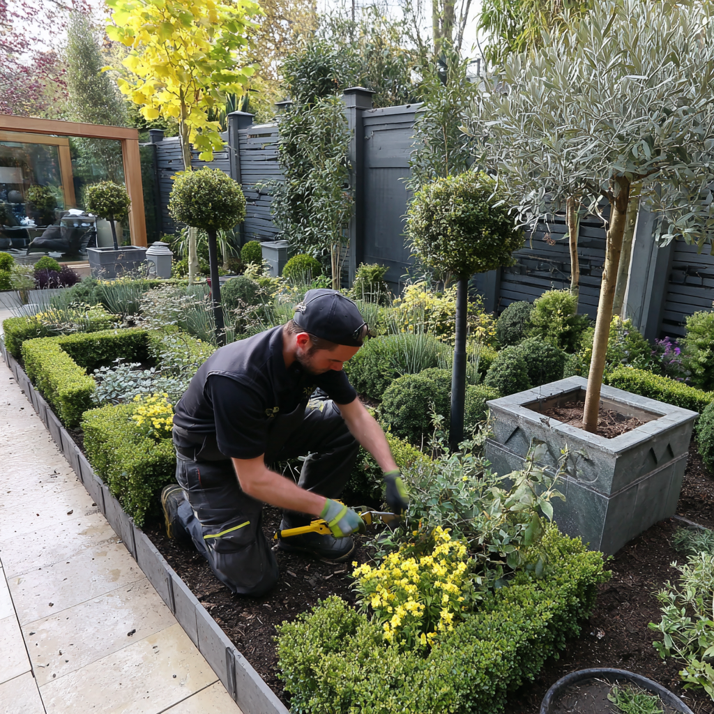 Professional gardener pruning shrubs in a modern landscaped garden with topiary and box hedging.