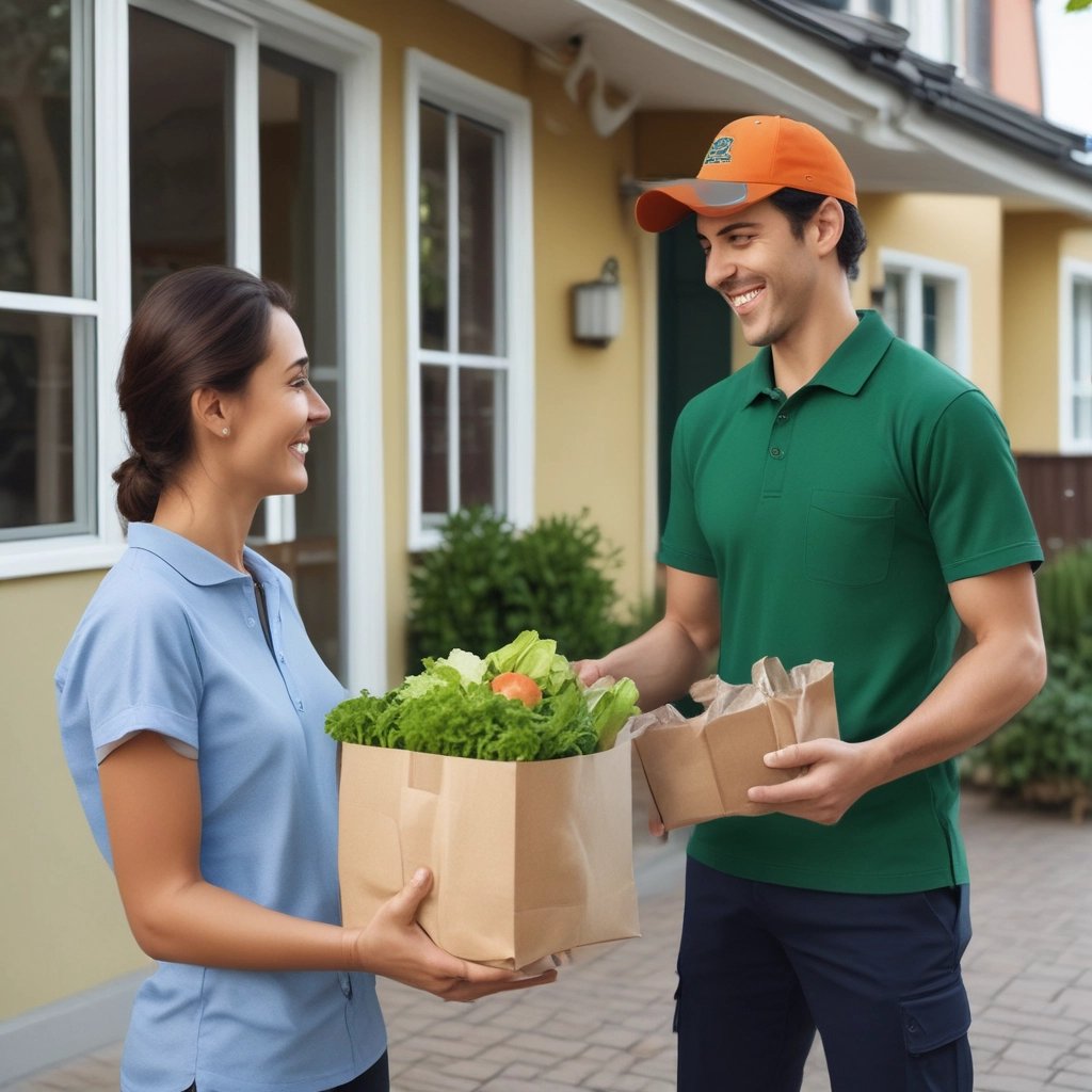 A delivery person handing a grocery bag to a smiling customer at their doorstep in the morning light