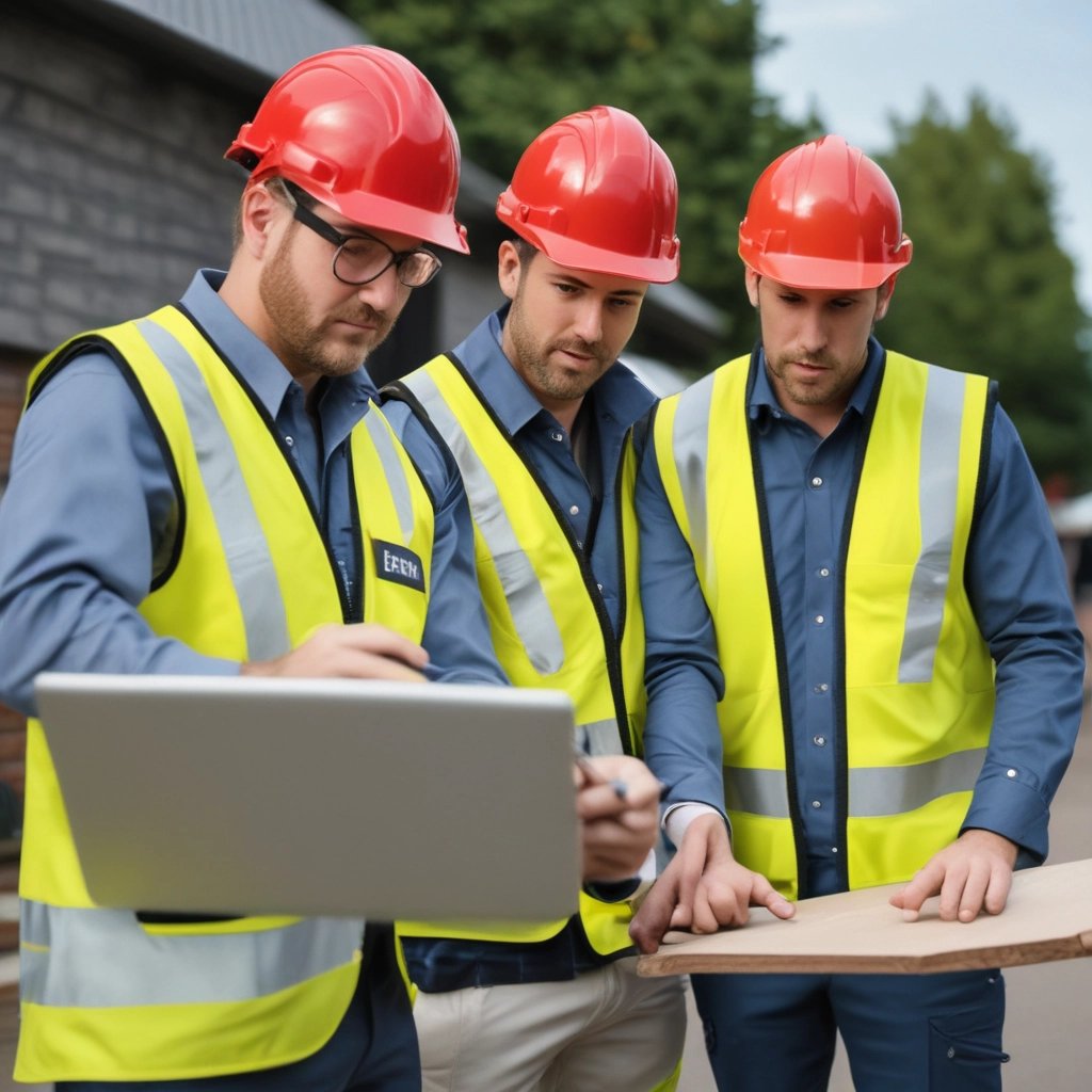 Professional contractor in safety gear appearing on a computer screen for a virtual consultation.