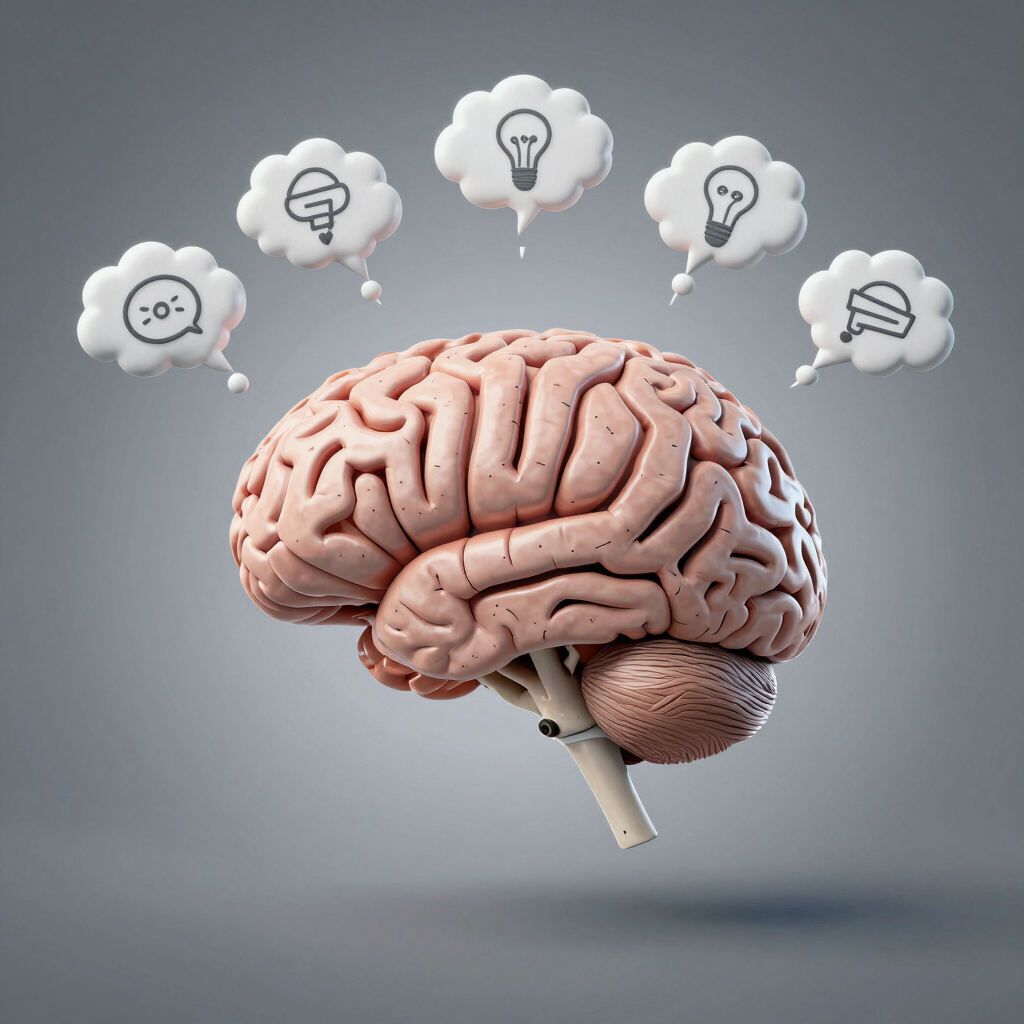 A vibrant workspace with colorful neuroscience books, a laptop displaying brain diagrams, and notes scattered around.