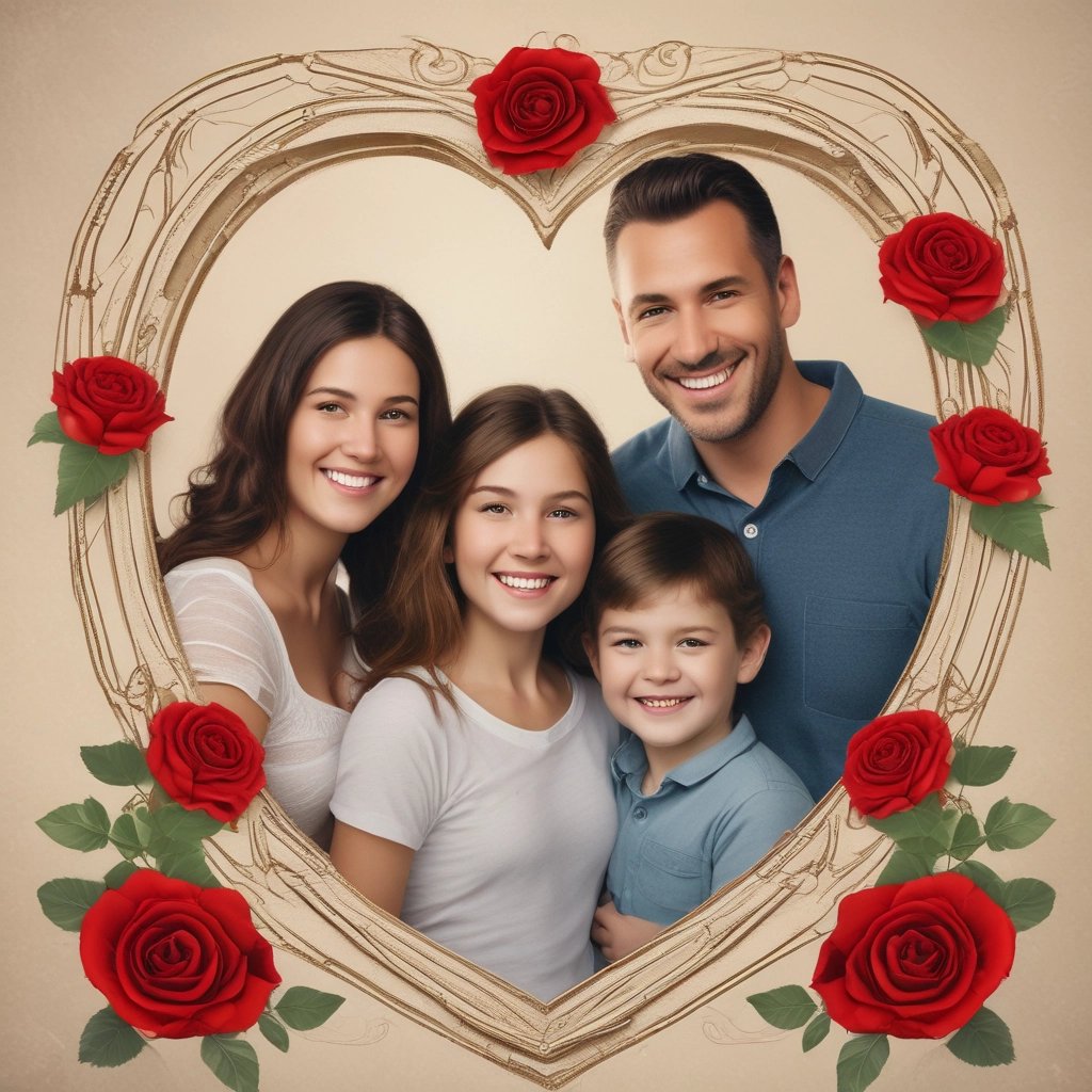 A happy smiling family portrait inside a heart-shaped frame with red roses for Valentine's Day.