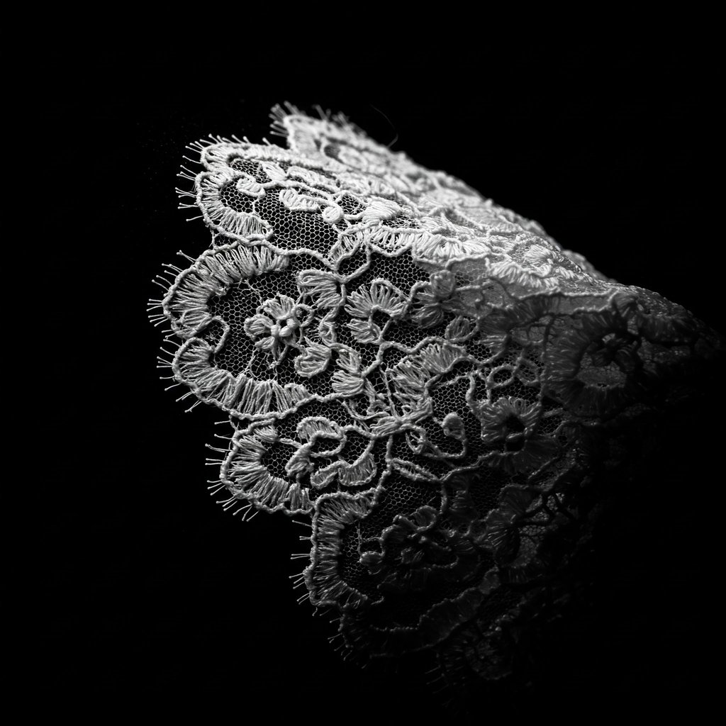 Close-up of intricate white floral lace embroidery with scalloped edges against a black background.