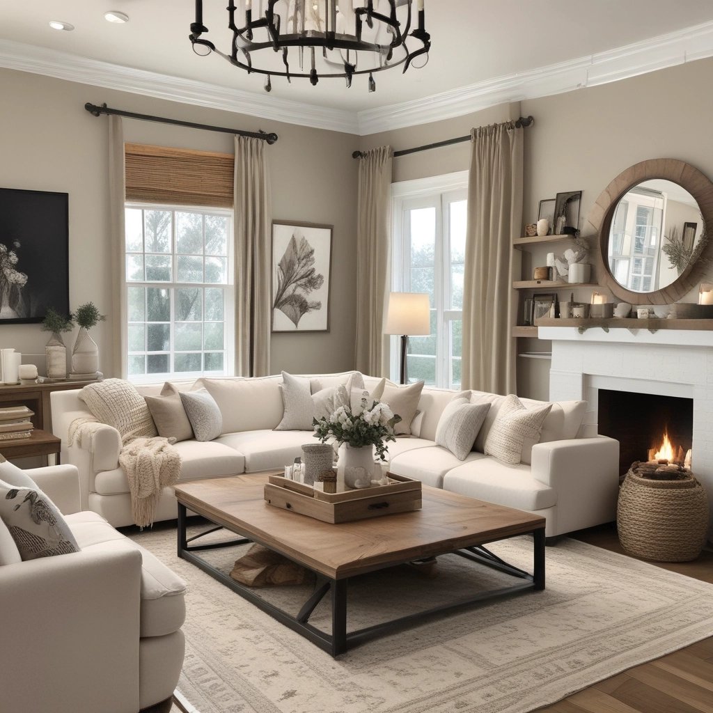 Modern farmhouse living room with white sectional sofa, neutral color palette, light wood coffee tab