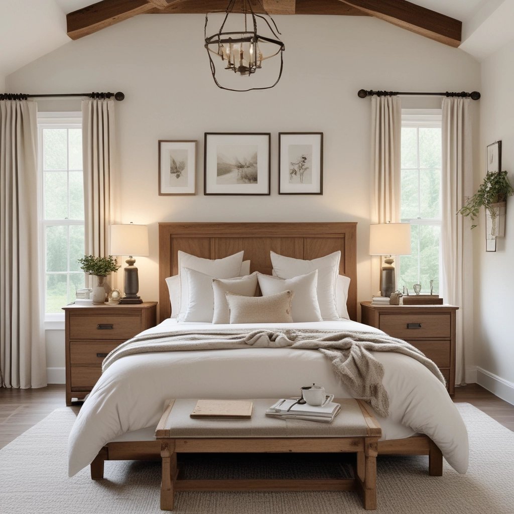 Modern farmhouse bedroom with wood bed frame, white layered bedding, neutral pillows, matching night